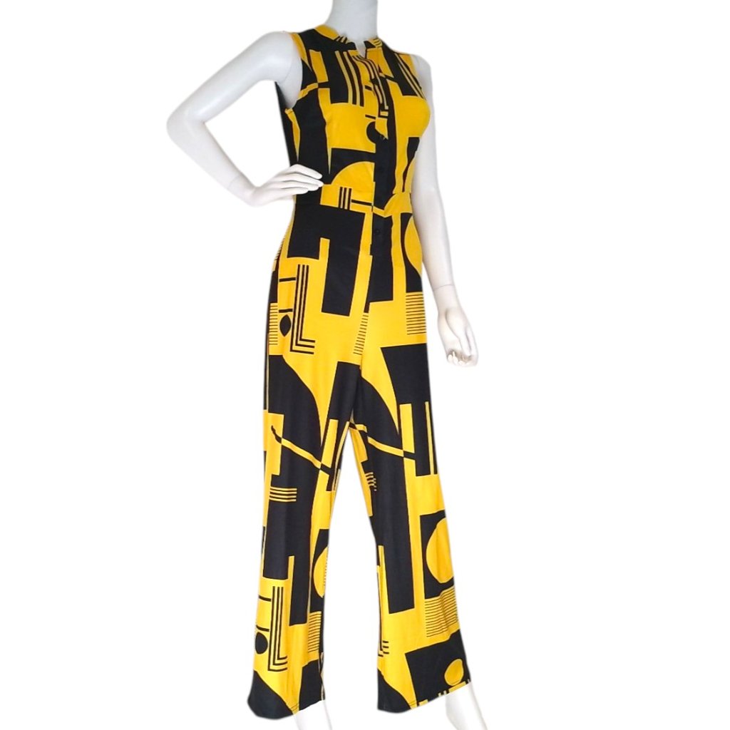 Black And Yellow Pattern Flair Leg Dressy Jumpsuit